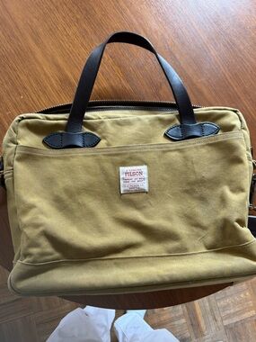 Filson Olive Canvas Briefcase with Black Leather Handles